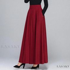 Lasaky - Stylish Wine Red Midi Skirt with Flared Hem in Cotton Linen Blend Red Solid Color Bottoms For Fall, Casual Red Maxi Skirt For Fall, Red Wide-leg Bottoms For Winter, Casual Red Long Skirt, Non-stretch Red Bottoms, Elegant Burgundy Lined Skirt Bottoms, Red Lined Skirt For Winter, Red High Waist Lined Maxi Skirt, Red Long Skirt For Fall