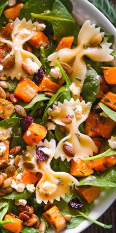 Butternut Squash Pasta Salad with Baby Spinach, Cranberries, Pumpkin Seeds, Creamy Goat Cheese, and Maple-Lime Dressing - close-up photo. Christmas Vegetables Side Dishes, Thanksgiving Pasta, Butternut Squash Side Dish, Butternut Squash Spinach, Broccoli Side Dish, Autumn Salad Recipes, Thanksgiving Salad, Best Thanksgiving Side Dishes, Fall Salad