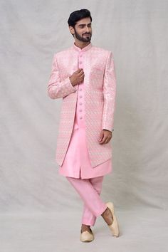 Pink sherwani with geometric embroidery and attached inner kurta. Paired with a trouser. - Aza Fashions Designer Pink Sherwani, Designer Pink Sherwani For Festive Season, Designer Fitted Pink Kurta, Designer Pink Fitted Kurta, Designer Fitted Pink Sherwani, Pink Sherwani, Geometric Embroidery, Silk Embroidery, Pink Art