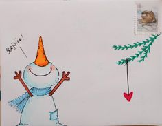 a drawing of a snowman wearing a party hat