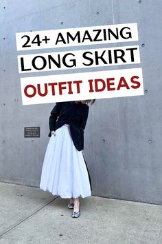 Elevate your style by checking out this list of 24+ incredibly chic long skirt outfit ideas. These outfit ideas with maxi skirts, midi skirts, silk skirts, satin skirts, and denim skirts are insanely good for a classy or casual look. Whether you want to wear long skirts to work, for date night, parties, night out, or to a summer vacation, check out this list for the ultimate inspo! Long Flowy Skirt Outfit, Skirt Outfits Dressy, Long Skirt Outfit Ideas, Black Maxi Skirt Outfit, Tie Dye Long Skirt, Denim Midi Skirt Outfit, A Line Skirt Outfits, Long Skirt Outfit, White Skirt Summer