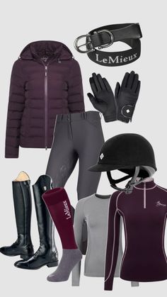 an assortment of equestrian clothing including riding boots, gloves and hats with the words le mieur written on it