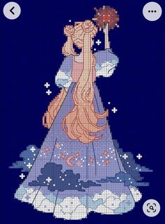 a cross stitch pattern of a woman in a blue dress with clouds and stars on it