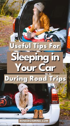 Woman sleeping in the back of her SUV. Linked to a travel guide featuring useful tips for sleeping in your car during road trips. Car Camping Suv, Car Sleeping, Car Camping Organization, Road Trip Camping, Minivan Camping