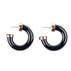 Sleek and simple, these black polished hoop earrings are perfect for any occasion.  Dimensions:  1.5" ﻿Style Number: ﻿1952EBP Black Polish, Dark Colors, Ear Piercings, Hoop Earrings, Sleek, Gold, Black, Color