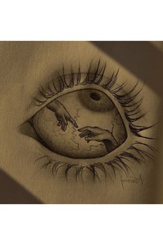 a pencil drawing of an eye with the hand reaching for something