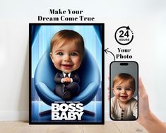 a person holding up a cell phone with an image of a baby on it and the text, make your dream come true