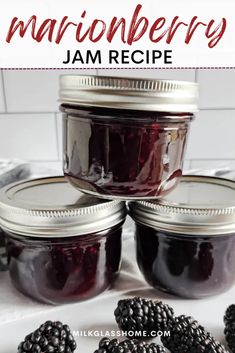 blackberry jam recipe in mason jars with blackberries on the side and text overlay