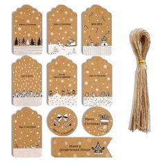 twelve christmas gift tags with tassels and string on the top, all decorated in brown paper