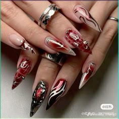 Emo Stiletto Nails, Rocker Nails Designs, Red Fire Nails, Horror Nails, Ombre Nail Art Designs, Gothic Nails, Drip Nails, Edgy Nails, Goth Nails