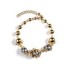 Orb and Three Pearls Bracelet | Kasun | Wolf & Badger Gold Beaded Bracelet With Baroque Pearls, Round Baroque Pearl Drop Bracelets, Elegant Gold Bracelet With Baroque Pearl, Elegant Baroque Pearl Bracelet, Elegant Gold Baroque Pearl Bracelet, Claw Earrings, Fools Gold, Pearls Bracelet, Pearl Bangle