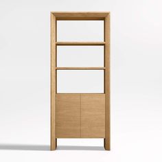 an empty wooden bookcase on a white background