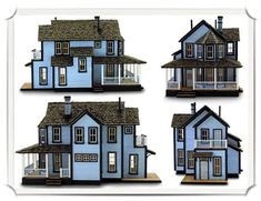 four different views of a blue two story house