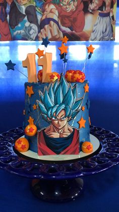 a birthday cake decorated with an image of gohan