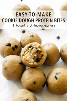 one bowl cookie dough protein bites are stacked on top of each other