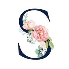 the letter g is decorated with pink flowers and greenery on it's side