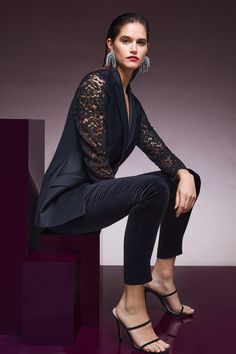 Italian Lace Sleeved Wool Blazer Chic Fall Outerwear With Sheer Sleeves, Elegant Tailored Blazer For Night Out, Elegant Party Outerwear With Sheer Sleeves, Elegant Workwear Outerwear With Lace Trim, Elegant Outerwear With Lace Trim For Work, Formal Fitted Outerwear With Lace Trim, Fitted Formal Outerwear With Lace Trim, Formal Lace Outerwear With Lace Trim, Elegant Spring Outerwear With Lace Trim