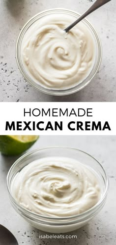 homemade mexican creme in a glass bowl with limes and spoon on the side