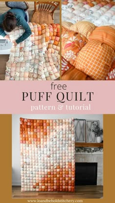 a collage of photos with the words free pufff quilt pattern and instructions