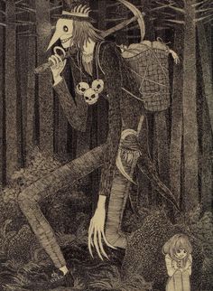 a black and white drawing of a person in the woods with a skeleton on his back