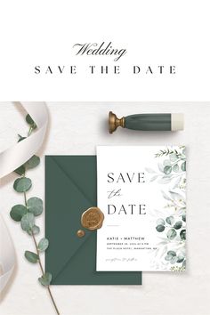 wedding save the date card with wax stamp and eucalyptus leaves