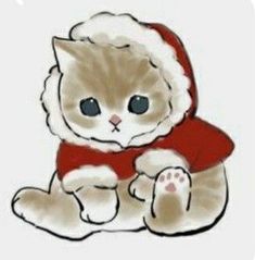 a drawing of a cat wearing a santa hat and holding a teddy bear in its paws