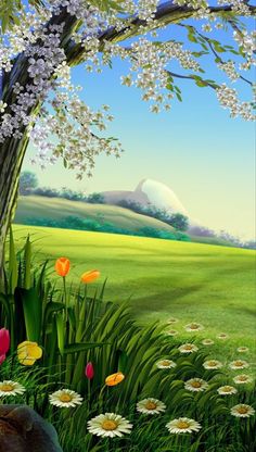 an animated scene with flowers, grass and trees in the foreground on a sunny day