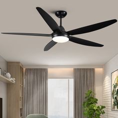 a black ceiling fan in a living room