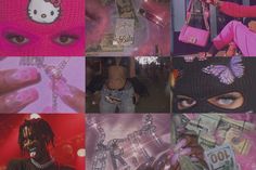 a collage of photos with pink, purple and black colors in the middle one has a hello kitty on it