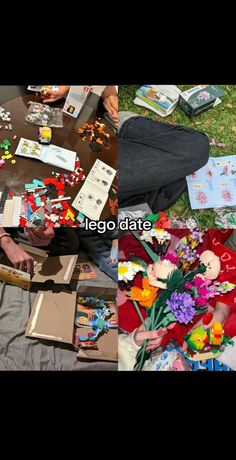 a man laying on the ground surrounded by flowers and other items that have been placed around him