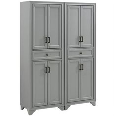 a tall gray cabinet with two doors