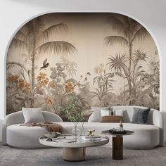 the living room is decorated with exotic wallpapers and tropical plants on the walls