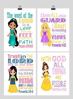 Princess Set of 4 Christian Nursery Decor Wall Art Print Rapunzel Jasmine Belle Mulan Bible Verse Multiple Sizes ** BEST VALUE BUY on Amazon Christian Nursery, Proverbs 4:23, Nursery Decor Wall, Nursery Decor Wall Art, American Princess, Church Activities, Nursery Playroom, Princess Art