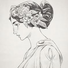 a drawing of a woman with flowers in her hair