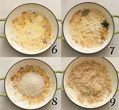 four pictures showing how to make an omelet in a skillet with spices and seasoning