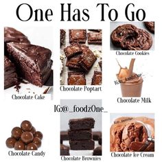 there are many different types of chocolates and desserts on this page, including one has to go