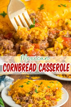 mexican cornbread casserole on a plate with a fork