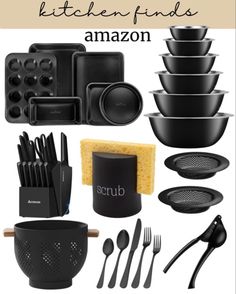 Black kitchen finds from amazon Black Kitchen Organization Ideas, Black Kitchen Aesthetic Apartment, Black Decor Kitchen Ideas, Matte Black Kitchen Decor, Black Kitchen Inspiration Apartment, Black Kitchen Essentials, Black Kitchen Dishes, Black House Accessories, Black Themed Kitchen Ideas