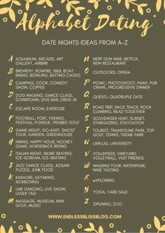 Looking for some ideas for date night? Why not try Alphabet Dating? This post has tons of date night ideas from A-Z so you and your significant other can go on 26 dates, one every other week. #datenight #marriage Date Ideas For Boyfriend, Alphabet Dating, Creative Date Night Ideas, Romantic Date Night Ideas, Creative Dates, Couple Activities, Cute Date Ideas, Date Night Ideas, Date Ideas