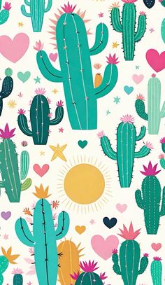 a cactus pattern with hearts and stars in the background, on a white wallpaper