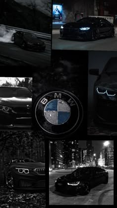 black and white photos of bmw cars in the dark