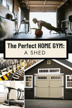 four pictures of a home gym in a shed Gym In Shed Ideas, Home Gym Sheds, Backyard Home Gym Ideas, Detached Home Gym, Workout Shed Gym, Gym In A Shed, She Shed Gym Ideas, Shed Gym Backyard, Workout Shed Backyard