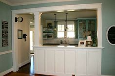 the kitchen is clean and ready to be used as a bar or dining room area