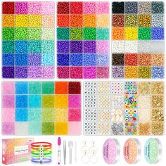 the kit includes many different colors and materials for making beaded bracelets with beads