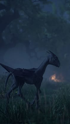 an image of a dinosaur walking in the grass at night with light coming from behind it