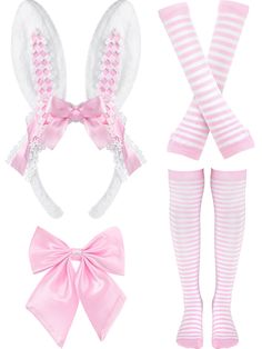 PRICES MAY VARY. Easter Party Bunny Accessory Set: the package comes with 1 piece of bunny ears headband, 1 pair of knitted arm warmers, 1 pair of striped socks and 1 piece of adjustable bowknot, which is a nice combination to wear at Easter party Cute Bunny Ear Design: our rabbit hair band is designed as a rabbit's pink erect long ear shape, adorned with beautiful pink bow and lace ornaments to make it look more lovely, very suitable for Easter costume party, cosplay and role-playing game or we Knitted Arm Warmers, Pink Bunny Ears, Lace Ornaments, Easter Bunny Costume, Easter Costume, Rabbit Accessories, Hello Kitty Videos, Bunny Ears Headband, Soft Pink Theme