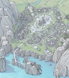 an artist's rendering of a city on top of a mountain next to a river