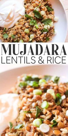 two plates filled with rice and vegetables on top of each other, next to the words mujaadaa lentils and rice