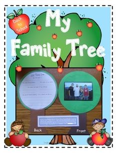 an apple tree with the words, my family tree and two children sitting under it