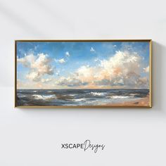 a painting hanging on the wall above a white wall with an ocean scene in it